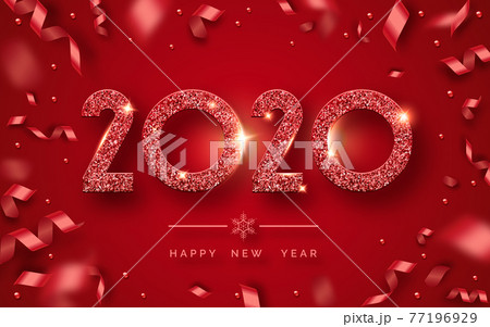 Happy New Year 2020. Background with shining numerals and ribbons. New year and Christmas card illustration on red background. Holiday illustration of red textured numbers 2020 Happy New Year 2020. Background with shining numerals and ribbons. New year and Christmas card illustration on red background. Holiday illustration of red textured numbers 2020 77196929