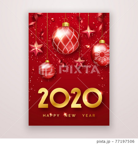 Happy New Year 2020. Background with shining numerals, stars, confetti, balls and ribbons. New year and Christmas card or flyer illustration on red background 77197506