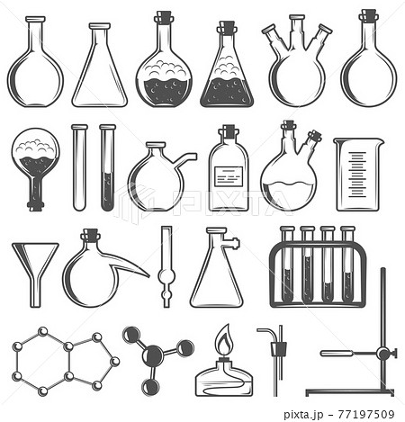 Set of laboratory research elements with flasks, tubes and molecular structure 77197509