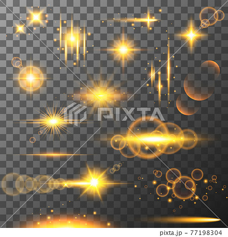 Collection of different flare light effects. Lens flares, rays, stars and sparkles with bokeh collection. Vector transparent light effect 77198304