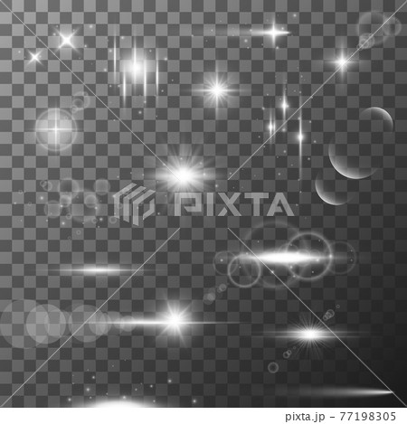 Collection of different flare light effects. Lens flares, rays, stars and sparkles with bokeh collection. Vector transparent light effect Collection of different flare light effects. Lens flares, rays, stars and sparkles with bokeh collection. Vector transparent light effect 77198305
