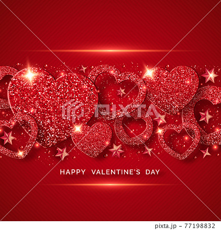 Valentines Day horizontal background with shining red heart, stars, balls and confetti. Holiday card illustration on red background. Sparkling red hearts with glitter texture 77198832