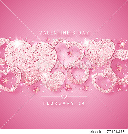 Valentines Day horizontal background with shining pink hearts, stars, balls and confetti. Holiday card illustration on pink background. Sparkling hearts with glitter texture Valentines Day horizontal background with shining pink hearts, stars, balls and confetti. Holiday card illustration on pink background. Sparkling hearts with glitter texture 77198833