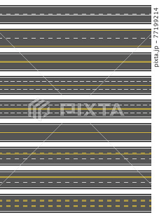 Seamless set of nine different road marking. Top view of horizontal straight asphalt roads. Templates with different white and yellow marking, asphalt surfacing and seamless borders 77199214