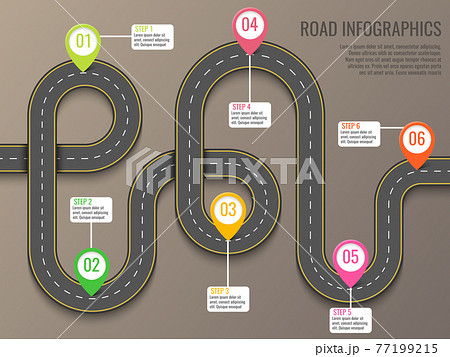 Infographics template with road map using pointers. Top view vector elements. Road trip. Business and journey infographic design template with flags. Winding road on a brown background 77199215