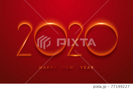 Happy New Year 2020 minimalist greeting card. Background with shining numerals. New year and Christmas card illustration on red background. Holiday illustration of red numbers 2020 77199227