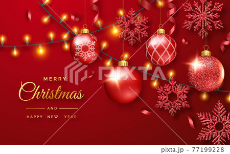 Christmas background with shining snowflakes, garland and colorful balls. New year and Christmas card illustration on red background 77199228