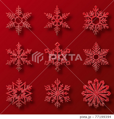 Collection of red glitter snowflakes. Nine snowflakes of different shapes. Winter holidays decoration 77199394