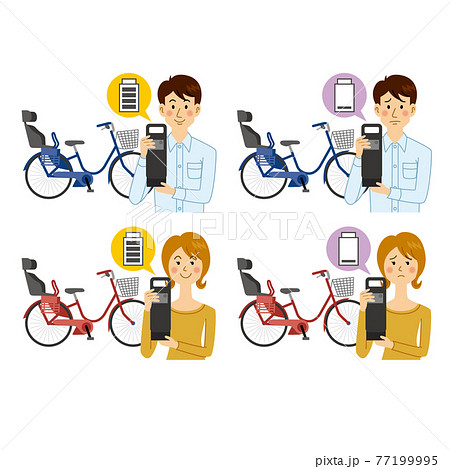電動アシスト自転車の充電をチェックする男女 電動アシスト自転車の充電をチェックする男女 77199995