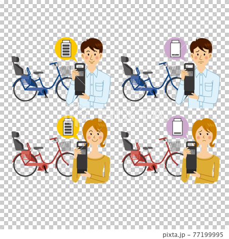電動アシスト自転車の充電をチェックする男女 電動アシスト自転車の充電をチェックする男女 77199995