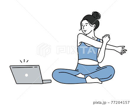 オンラインでフィットネスをする女性 運動 ダイエット 自分磨き ヨガ 体操 ジム エクササイズ のイラスト素材