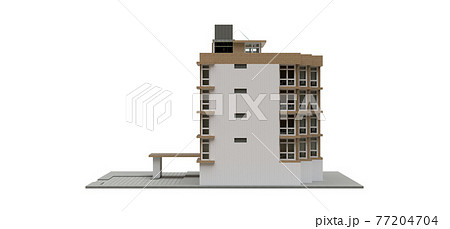 Small white and beige condominium with elevator and garage. 3d rendering. 77204704