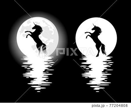 mysterious unicorn horse and full moon water reflection black and white vector design 77204808