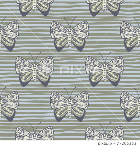 Grey colored seamless pattern with doodle botanic ornamental butterfly shapes. Striped background. 77205353