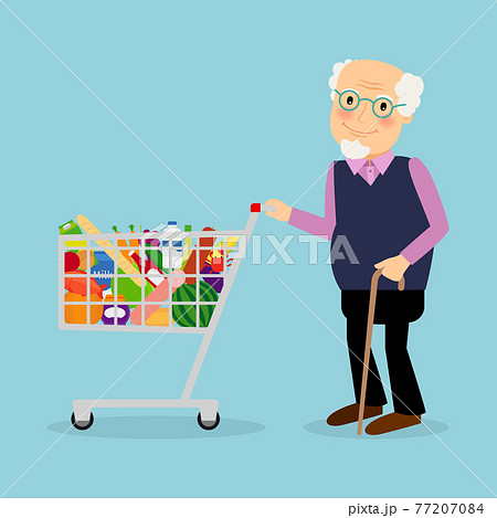 Grandfather with shopping cart with groceries 77207084