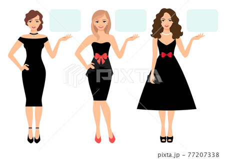 Women in black dress presenting product 77207338