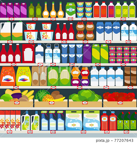 Store shelves with groceries background Store shelves with groceries background 77207643