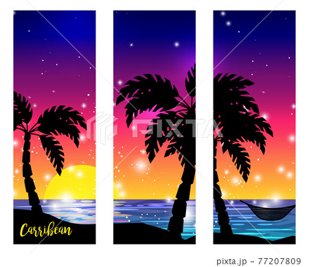 Caribbean sea view with palm silhouettes Caribbean sea view with palm silhouettes 77207809