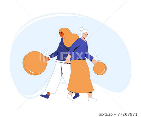 Two women with gold coins. Young and elderly female characters standing together with money. Vector line art illustration. Two women with gold coins. Young and elderly female characters standing together with money. Vector line art illustration. 77207971