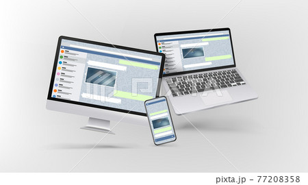 Modern desktop personal computer, laptop and smartphone mockup with messenger interface on screens 77208358