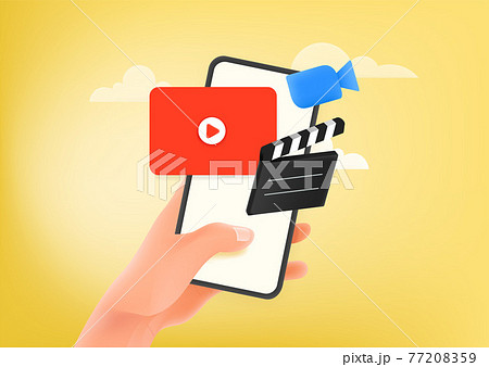 Man using video hosting application on smartphone 77208359