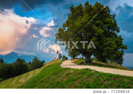 Picturesque alpine scenery with Saint Primoz church, near Jamnik, Slovenia Picturesque alpine scenery with Saint Primoz church, near Jamnik, Slovenia 77208816