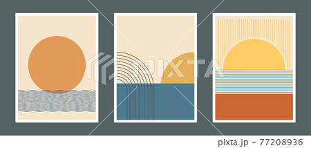 Set of abstract mid century posters composition vector design. Modern boho minimalist art. EPS10 vector illustration. Sun and water concept. Set of abstract mid century posters composition vector design. Modern boho minimalist art. EPS10 vector illustration. Sun and water concept. 77208936