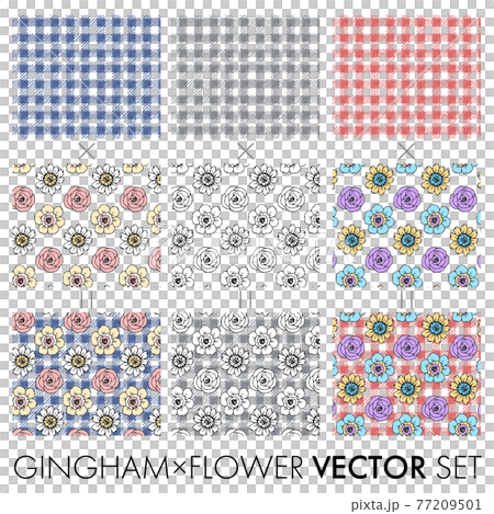 水彩風格格子格紋與植物圖案的無縫圖案組合 77209501