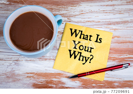 What Is Your Why. Yellow napkin and coffee mug on a wooden table What Is Your Why. Yellow napkin and coffee mug on a wooden table 77209691