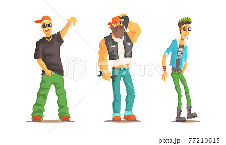 Men of Different Subcultures Set, Male Rapper, Biker, Punk Characters Cartoon Vector Illustration 77210615
