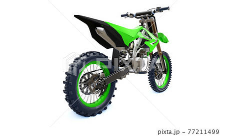 Green and black sport bike for cross-country on a white background. Racing Sportbike. Modern Supercross Motocross Dirt Bike. 3D Rendering. 77211499