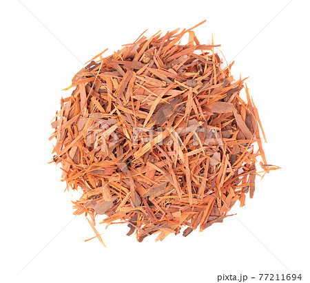 Lapacho herbal tea, isolated on white background. Natural Taheeboo dry tea. Pau d'arco herb. Tabebuia heptophylla. Top view. Lapacho herbal tea, isolated on white background. Natural Taheeboo dry tea. Pau d'arco herb. Tabebuia heptophylla. Top view. 77211694