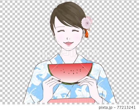 笑顔でスイカを持つ 浴衣の女性 上半身 正面 のイラスト素材