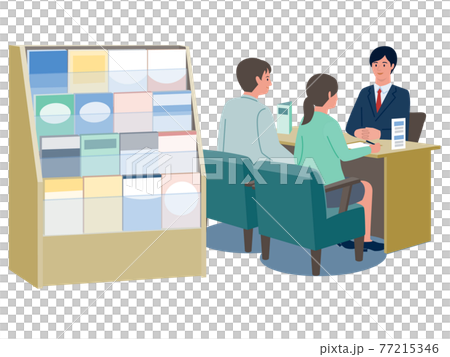 一對夫婦在保險代理窗口諮詢相應工作人員的矢量圖 77215346