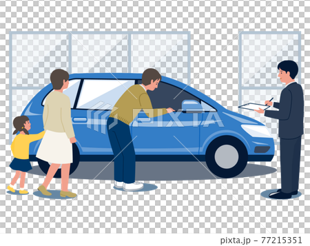 自動車販売店で接客をする男性スタッフと青い新車を買いに来た家族のベクターイラスト 77215351