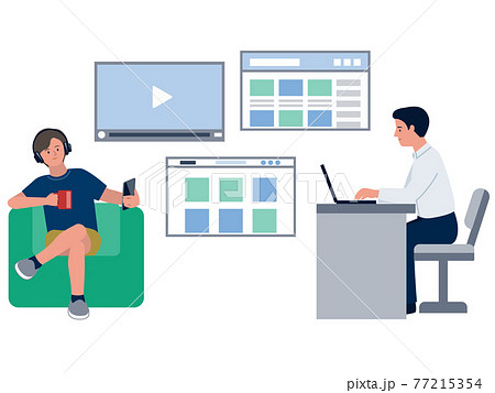 スマートフォンやパソコンでウェブメディアを利用する男性のベクターイラストのイラスト素材