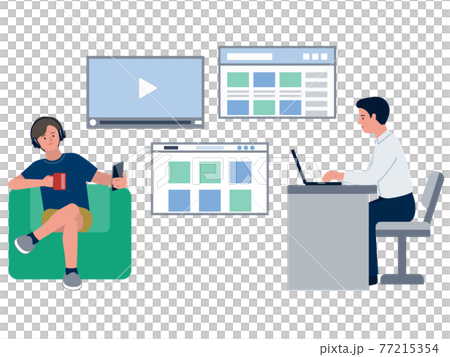 スマートフォンやパソコンでウェブメディアを利用する男性のベクターイラスト 77215354
