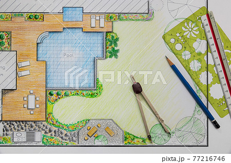 Backyard garden and pool design plan for villa. 77216746