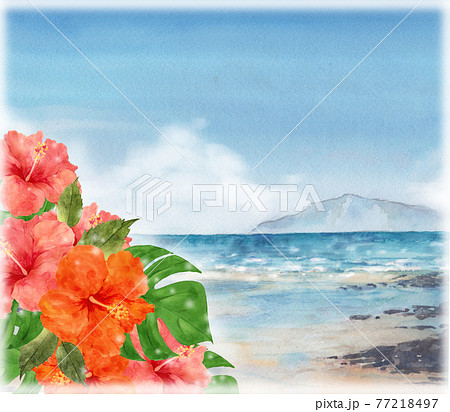 ハイビスカスの花と海 水彩画のイラスト素材 [77218497] - PIXTA