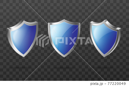 Set of blue glass guard shield with silver frame, sign of security and protection Set of blue glass guard shield with silver frame, sign of security and protection 77220049