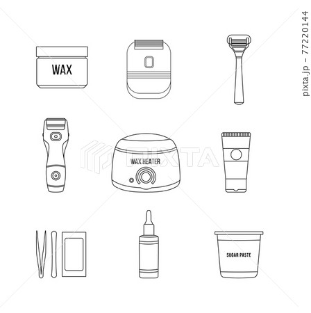 Wax hair removal and shaving tools set, black line vector illustration isolated. 77220144