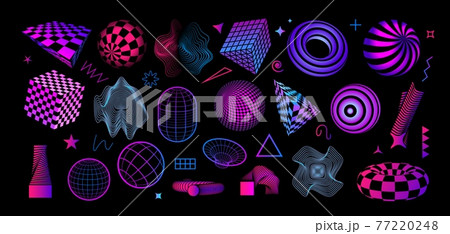 Retro futuristic shapes. Abstract geometric figures. Bright cubes and spheres with grid texture. Concentric circles and minimal contour forms. Vector decorative dynamic elements set 77220248