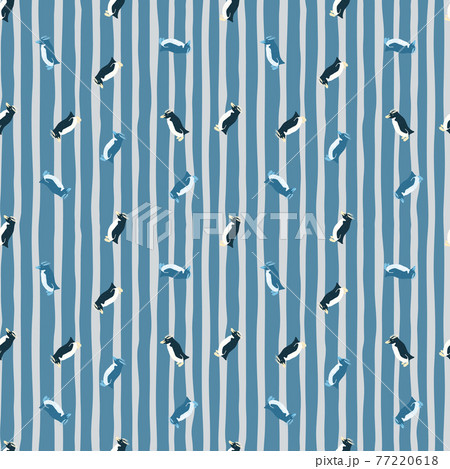 Antarctic fauna seamless pattern with little crested penguins ornament. Blue striped background. 77220618