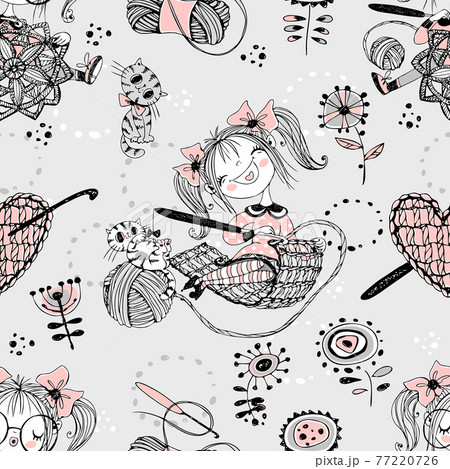 Cute girls needlewomen crochet knitters. Seamless pattern.Vektor. 77220726