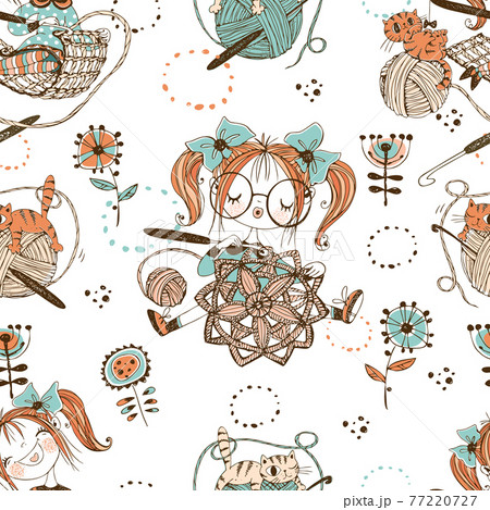 Cute girls needlewomen crochet knitters. Seamless pattern.Vektor. 77220727