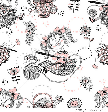 Cute girls needlewomen crochet knitters. Seamless pattern.Vektor. Cute girls needlewomen crochet knitters. Seamless pattern.Vektor. 77220736