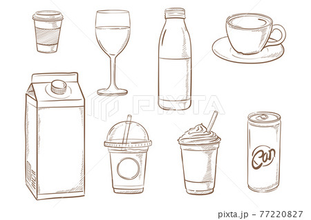glass bottle beverages doodle set - Free hand drawing vector - drink concept 77220827