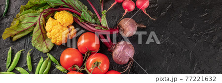 Healthy food panorama on a black background with copy space 77221632