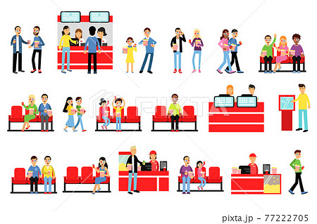 People Characters Buying Popcorn and Watching Movie in Cinema Vector Illustration Set People Characters Buying Popcorn and Watching Movie in Cinema Vector Illustration Set 77222705