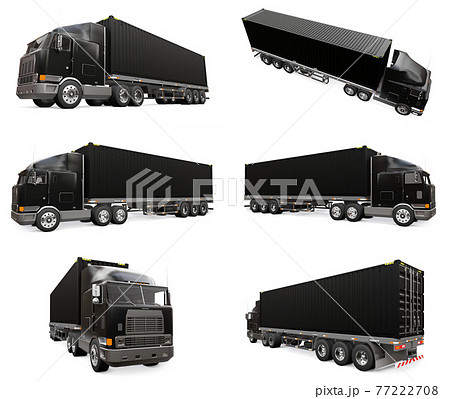 Set large retro black truck with a sleeping part and an aerodynamic extension carries a trailer with a sea container. 3d rendering. 77222708